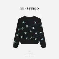 【YANYAN】黑色钉珠雪花针织衫开衫女秋季百搭圆领长袖毛衣外套8672