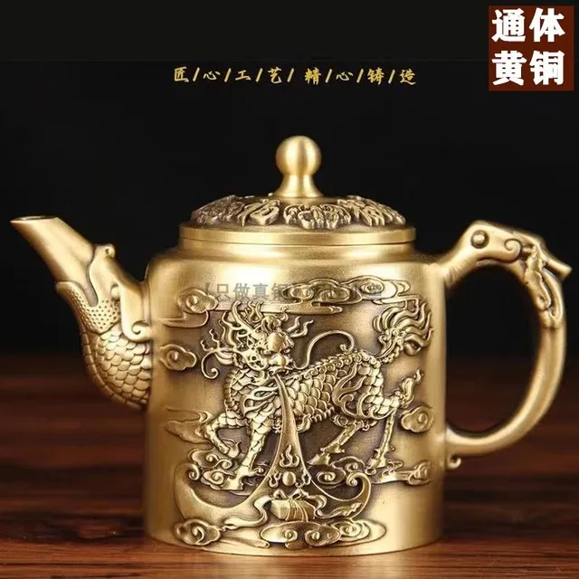 铜茶壶中国风麒麟壶黄铜壶百福酒壶龙凤茶壶铜家居古风茶具摆件
