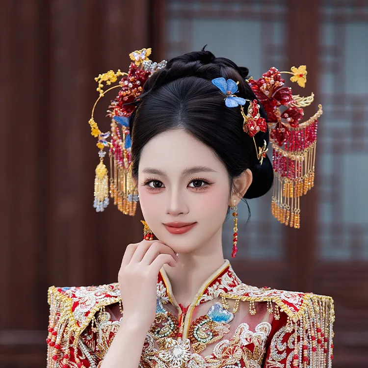 合金婚庆饰品 新款新娘撞色小众古典结婚精致蓝色蝴蝶头饰女D0672