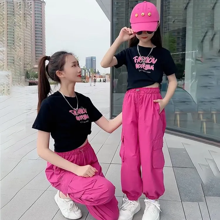 女童夏装套装韩系百搭2025新款中大童女孩时尚打底衫工装裤两件套