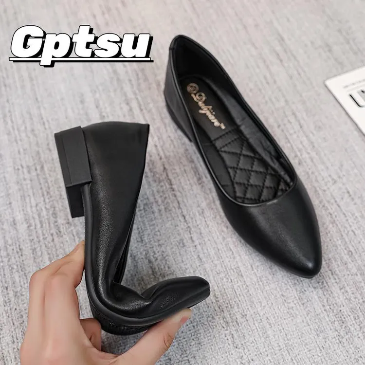 GPTSu软底工作鞋女黑色尖头平底单鞋通勤职业工装面试舒适软皮鞋