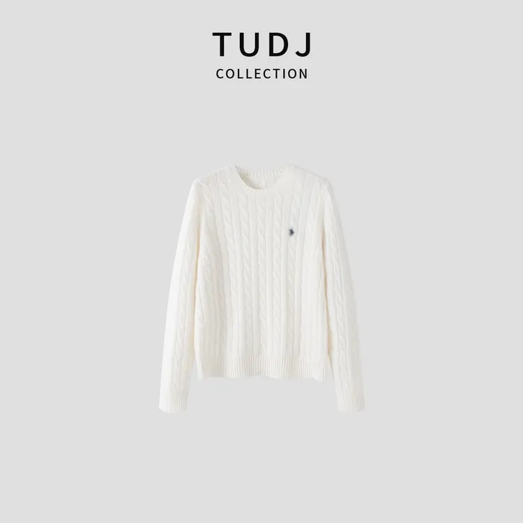TUDJ【100%绵羊毛】长袖圆领麻花毛衣秋冬厚款打底内搭刺绣针织衫女