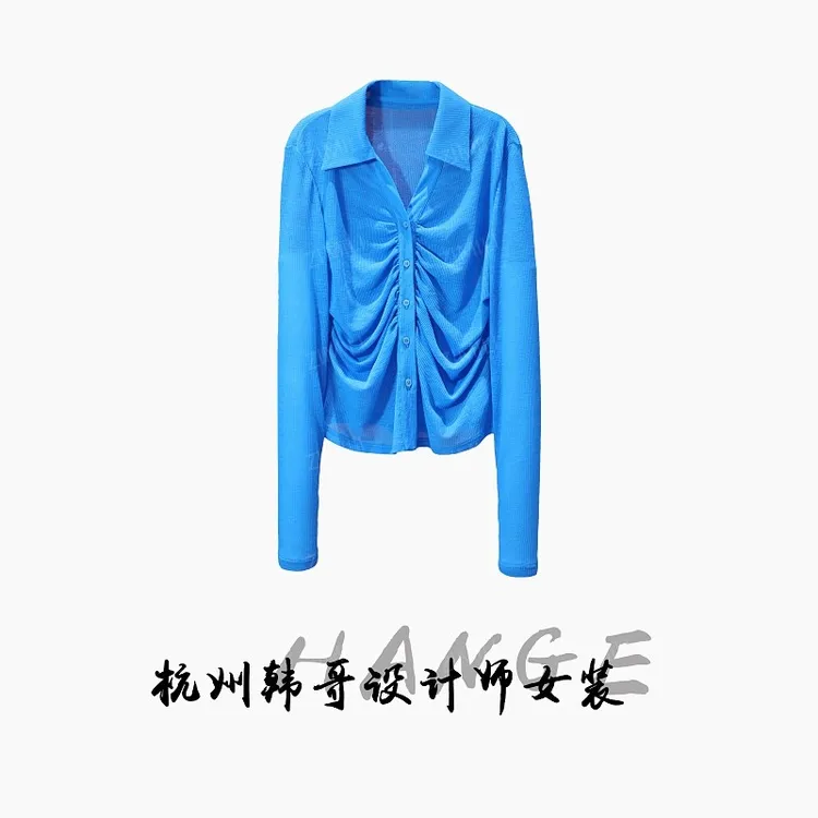 【韩哥女装】清新蓝上衣捏褶收腰翻领感爽肤衣8208