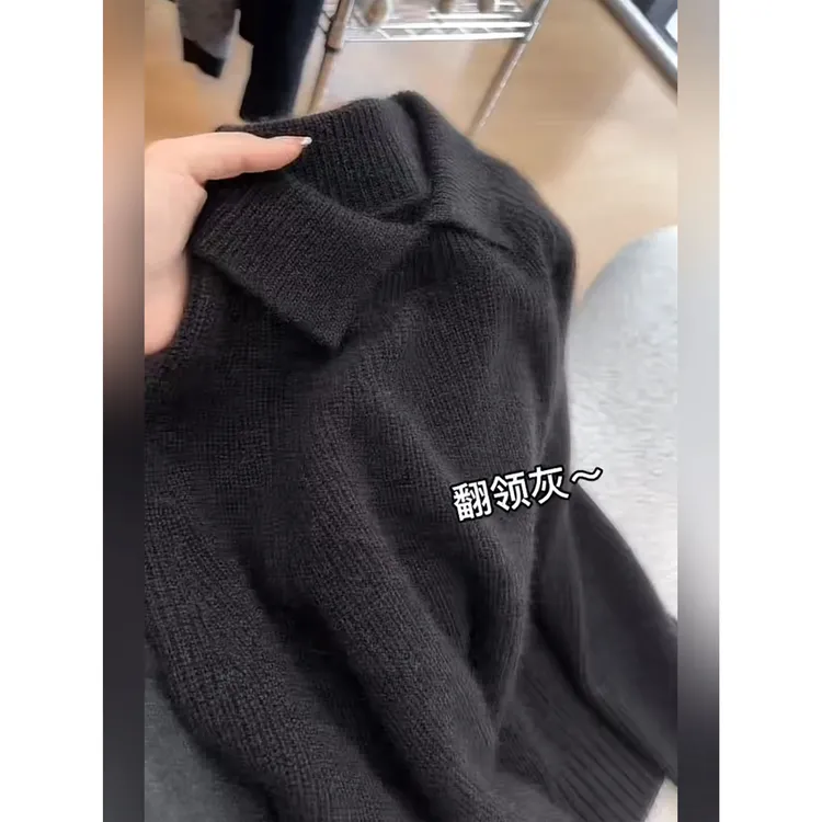 韩式休闲风翻领针织衫女2025秋冬新款高级感长袖温柔百搭减龄毛衣