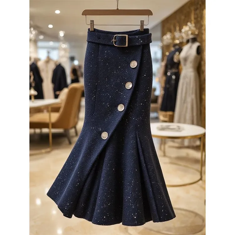 复古洋气设计感高腰开叉毛呢半身裙女装2025新款不规则长款鱼尾裙