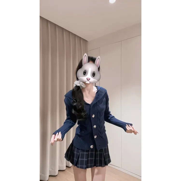 韩系甜美温柔学院风针织开衫保暖毛衣小个子收腰显瘦格纹百褶裙女