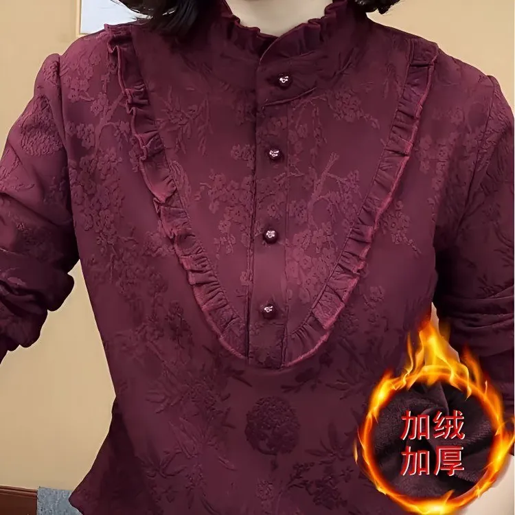 秋冬新款木耳边立领提花女士妈妈款保暖内搭打底衫长袖上衣