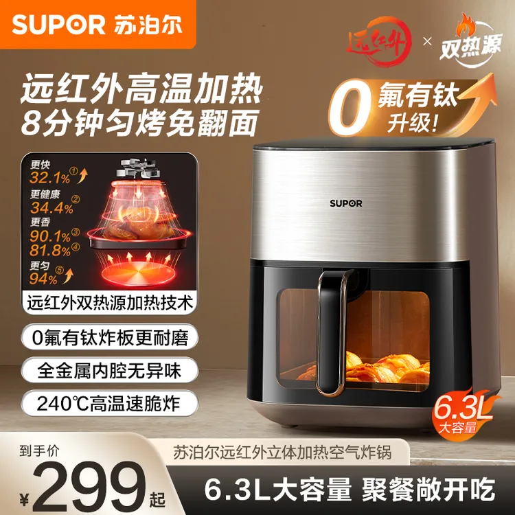 苏泊尔空气炸锅双热源穿透加热速炸家用6L大容量电炸锅官方旗舰店