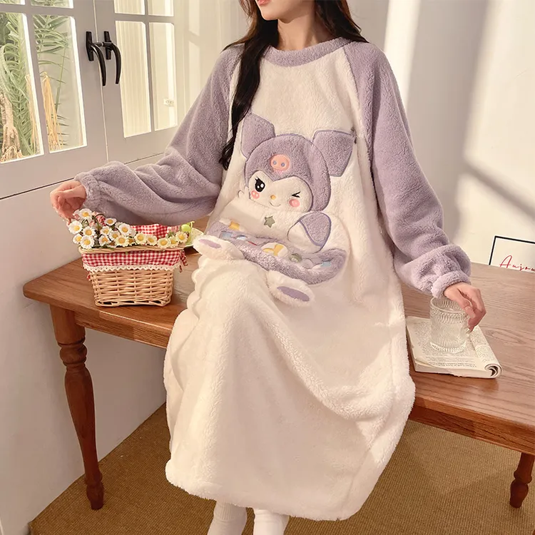 200斤胖妹妹大码法兰绒秋冬女士口袋加厚保暖宽松长款毛茸茸睡裙
