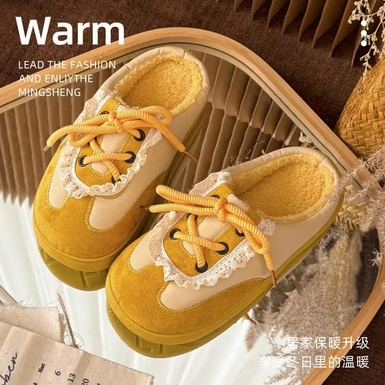 复古可爱蕾丝花边德训鞋加厚加绒女款秋冬季居家保暖棉拖鞋防滑外