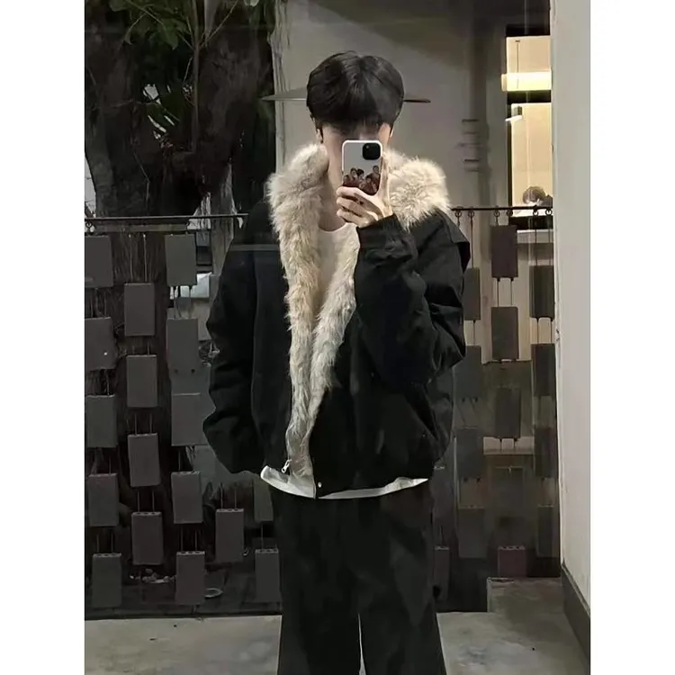 美式高街座山雕毛领棉服男款冬季hiphop连帽棉袄加厚保暖棉衣外套