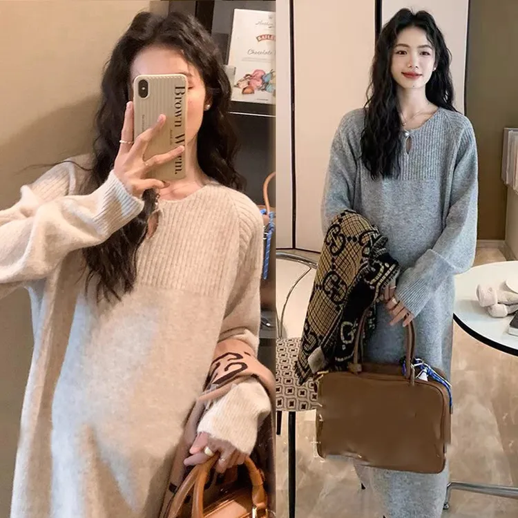 孕妇装秋冬季新款包芯纱针织韩版时尚气质显瘦简约减龄孕妇连衣裙