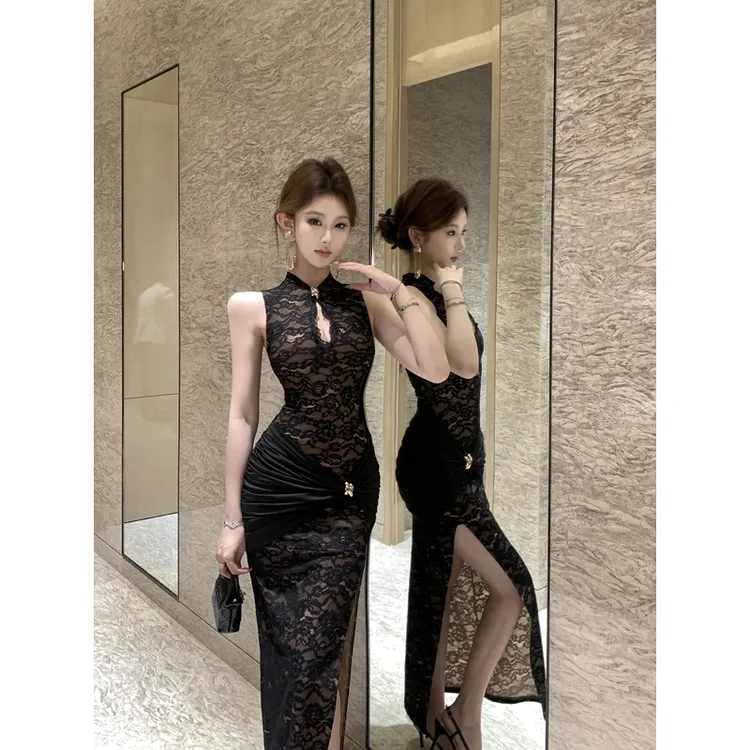 2025时尚新中式无袖蕾丝拼接高腰显瘦别致绝美开叉中长连衣裙女冬