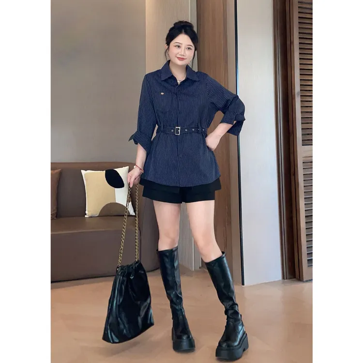 大萌萌 气质时尚条纹收腰长袖衬衫秋季微胖显瘦通勤女P225X17027