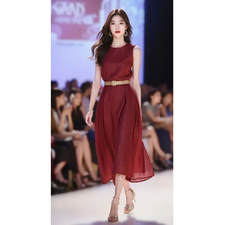 新款女夏季高端精致茶歇法式气质超好看正式场合酒红色连衣裙