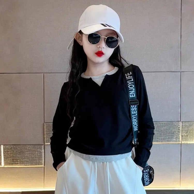 女童长袖t恤儿童春秋款洋气打底衫纯色棉质女大童秋装假两件上衣