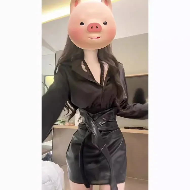 御姐风领黑色长袖衬衫上衣女冬季新款收腰绑带皮裙半身裙套装
