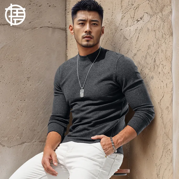 半高领莱塞尔男士修身弹力针织衫长袖T恤加绒保暖贴身秋冬打底衫