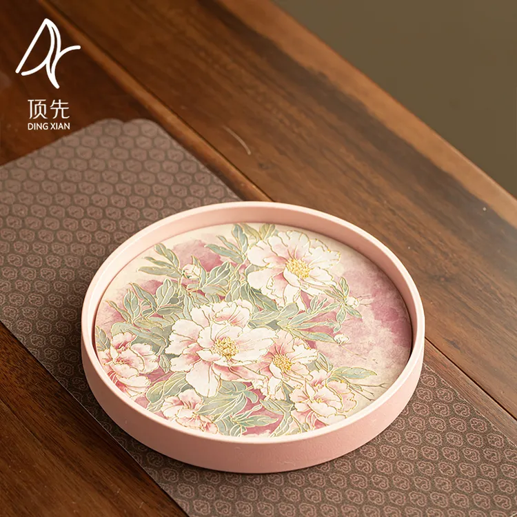 顶先  浮雕烫金牡丹粉吸水干泡盘陶瓷底清新文艺 A12743