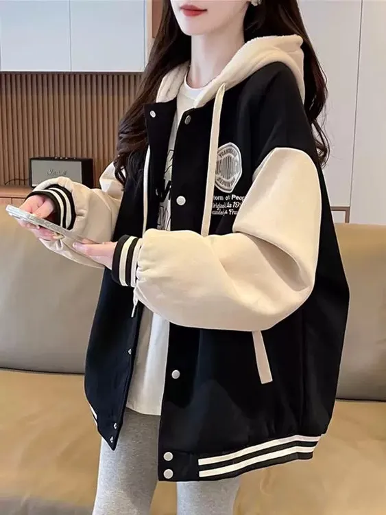 羊羔毛棒球服外套女秋冬季上衣2025新款初中学生大童加绒加厚卫衣