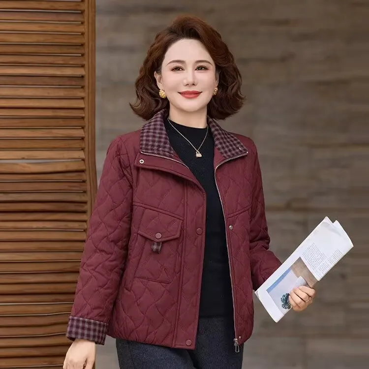 《专柜品质》秋冬新款夹棉百搭时尚拼色格子中老年妈妈装轻薄款棉衣