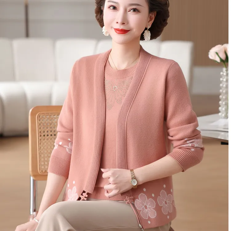 妈妈春季新款2025年针织两件套开衫中老年女装秋季中国风洋气上衣