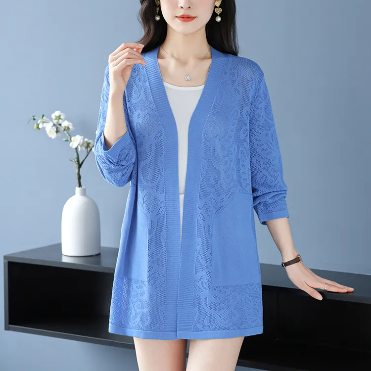 宽松镂空冰丝针织开衫夏季中长款百搭披肩洋气妈妈薄款外套高级感