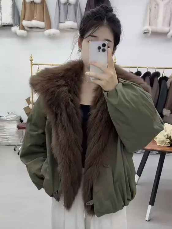 新款短款白鹅绒羽绒女款连帽派克服冬皮草加厚狐狸毛海军领外套