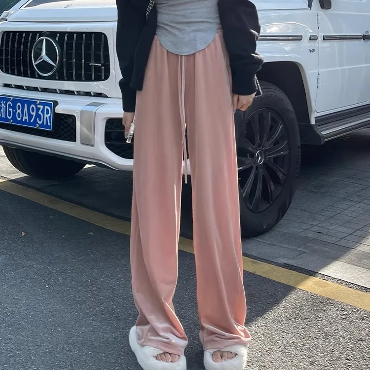 欧洲站金丝绒阔腿裤女2025春秋新款窄版高腰垂感粉色女士新款裤子