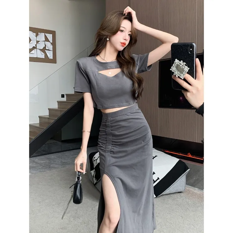 M129美式辣妹圆领镂空短款上衣夏季褶皱包臀半身裙开叉长裙两件套