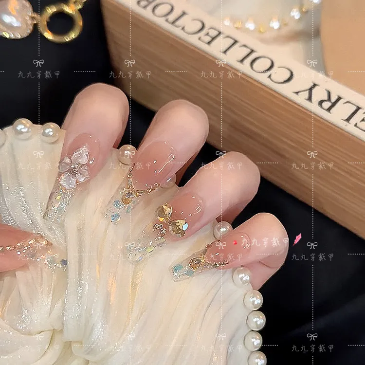幻梦 手工穿戴甲秋冬水晶花香槟爱心重工光疗美甲可拆卸穿戴甲