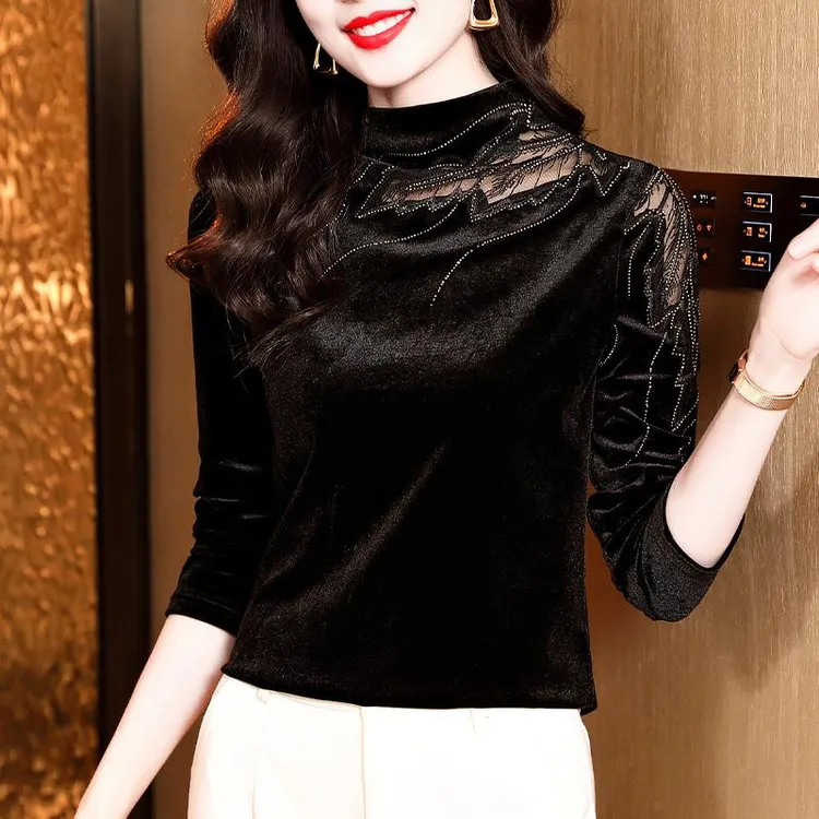 时尚半高领金丝绒打底衫女春装新款百搭显瘦长袖T恤洋气妈妈上衣