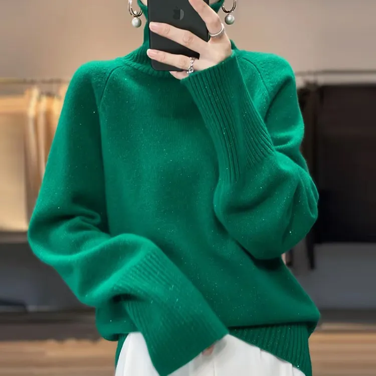 网红100%纯羊绒衫女翻领毛衣女秋冬季宽松亮丝上衣加厚针织羊毛衫