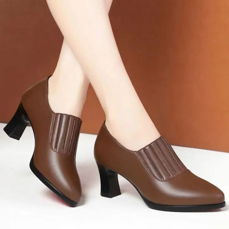 春秋软皮软底舒适高跟套脚深口时尚粗跟妈妈鞋中年女士皮鞋单鞋女