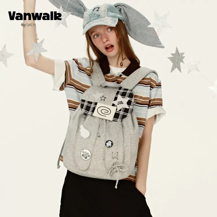 VANWALK手账系列 原创高颜值兔子耳朵翻盖束口双肩包出游通勤书包
