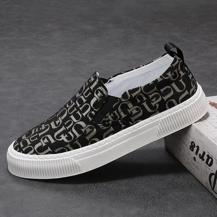 轻奢时尚透气潮流四季款男士潮鞋厚底帆布鞋一脚蹬休闲套脚男鞋B