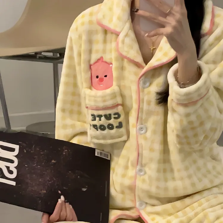 黄格露比珊瑚绒加绒加厚睡衣秋冬季女款爆款2025新款长袖裤家居服