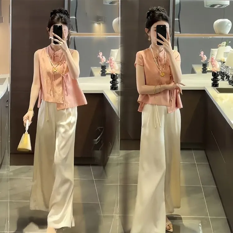 新中式国风提花套装女2025夏季新款气质盘扣上衣休闲阔腿裤两件套