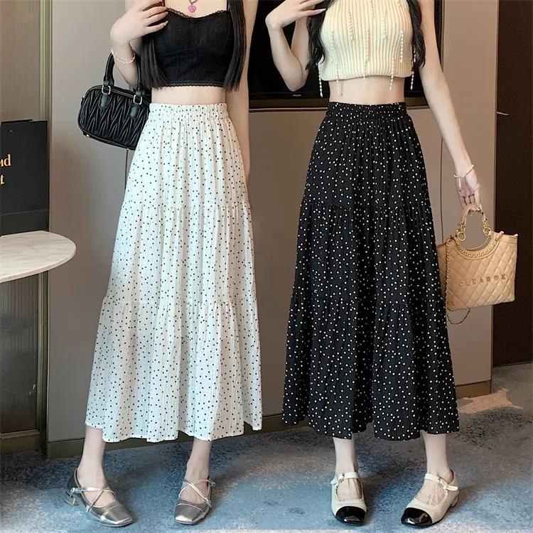 【2个裙长】波点半身裙女夏季中长款高腰显瘦伞裙小个子a字百褶半裙