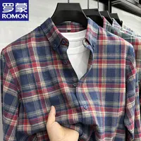 罗蒙品牌秋季新款男士磨毛格子衬衫纯棉复古百搭时尚衬衣初秋外套