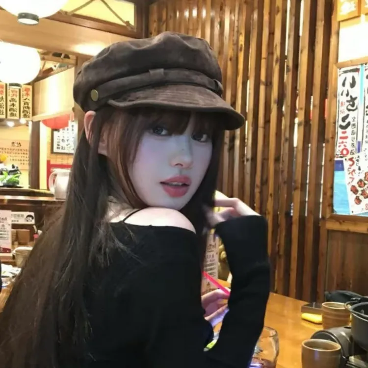 氛围感美拉德~棕色麂皮绒贝雷帽女秋冬复古英伦风八角帽画家帽子