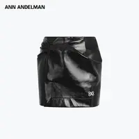 ANN ANDELMAN25秋纯色厚款半身裙高腰皮裙立体搭接开衩皮短裙