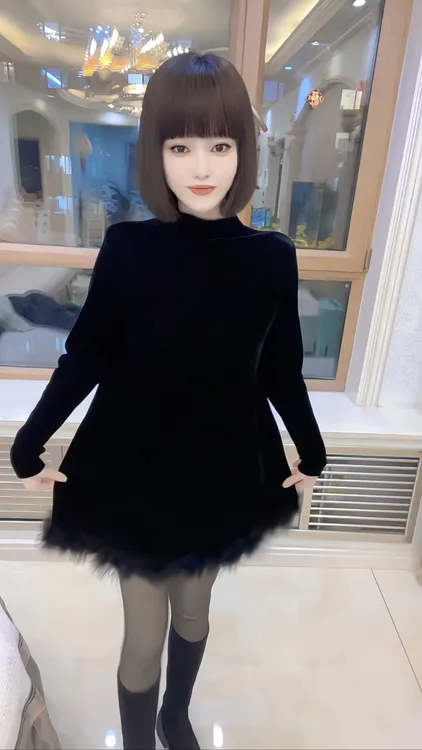 极简风长袖圆领连衣裙半高领洋气修身丝绒保暖黑色显瘦减龄显瘦