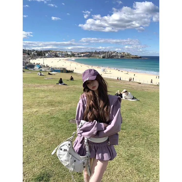 慵懒风紫色连帽外套休闲套装女秋独特漂亮长袖上衣花苞短裙两件套
