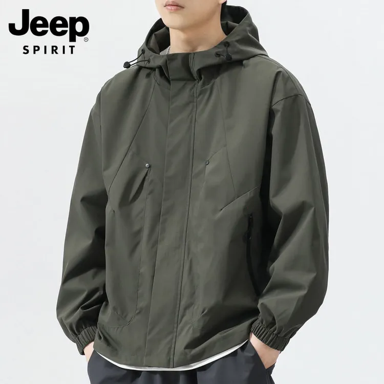 JEEPSPIRIT吉普男士春秋款连帽夹克男款百搭冲锋衣宽松休闲外套男