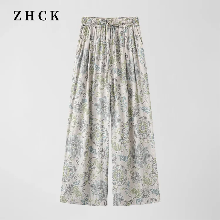 ZHCK复古设计感印花松紧腰直筒裤2025夏季新款百搭休闲裤女