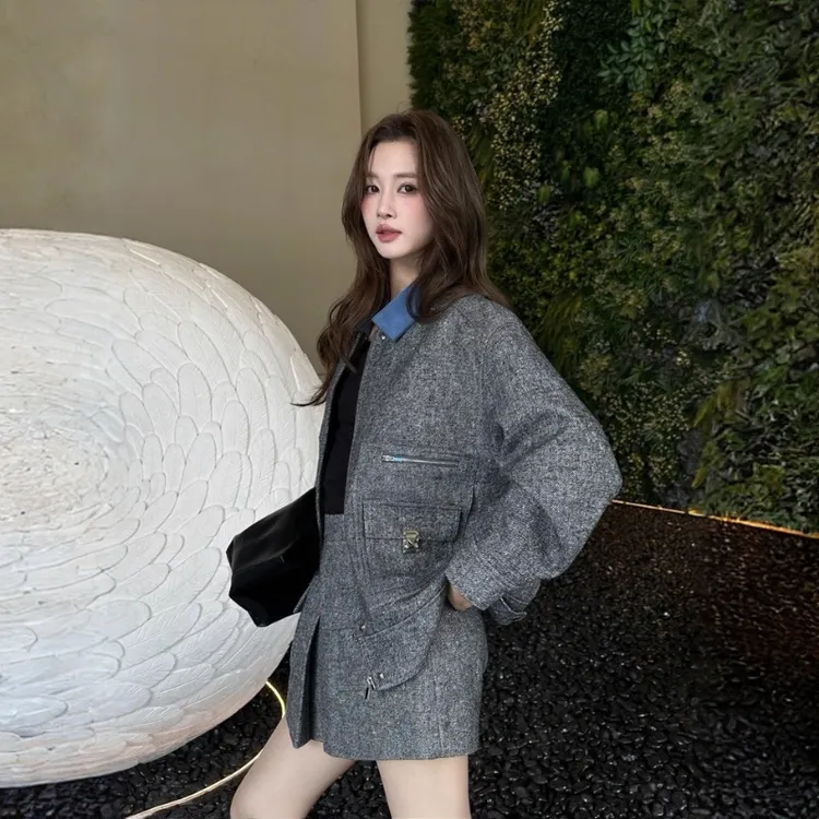 韩系小香风夹克套装裙女2026春秋新款撞色外套高腰半身裙两件套潮