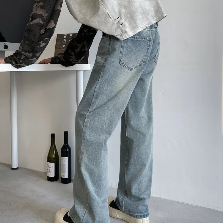 美式高街cleanfit猫须竹节纹做旧牛仔裤男女直筒微喇vibe裤子