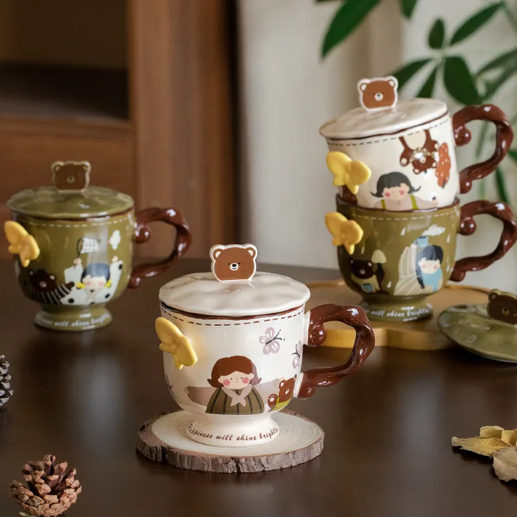 复古卡通熊熊女孩高脚陶瓷马克杯带盖高颜值喝水杯子家用办公咖啡