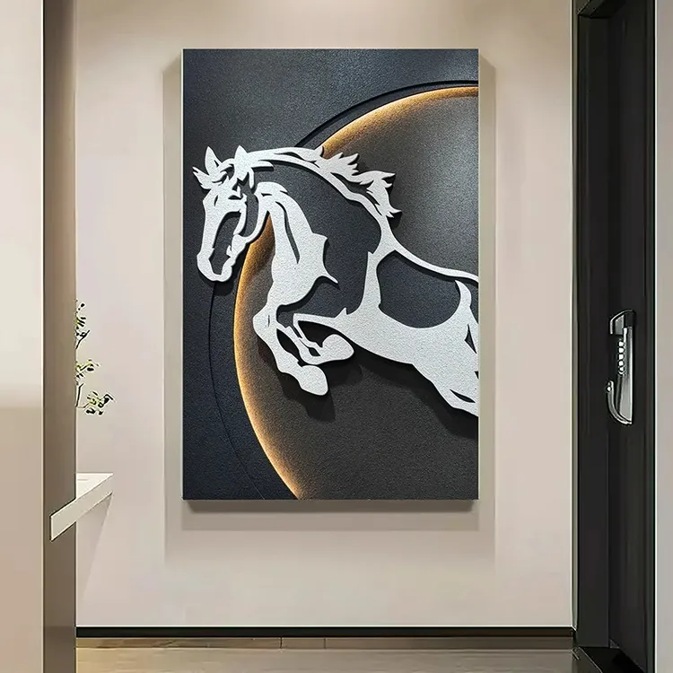 现代轻奢客厅装饰画高档玄关灯光画立体马画入户正对门壁画走廊